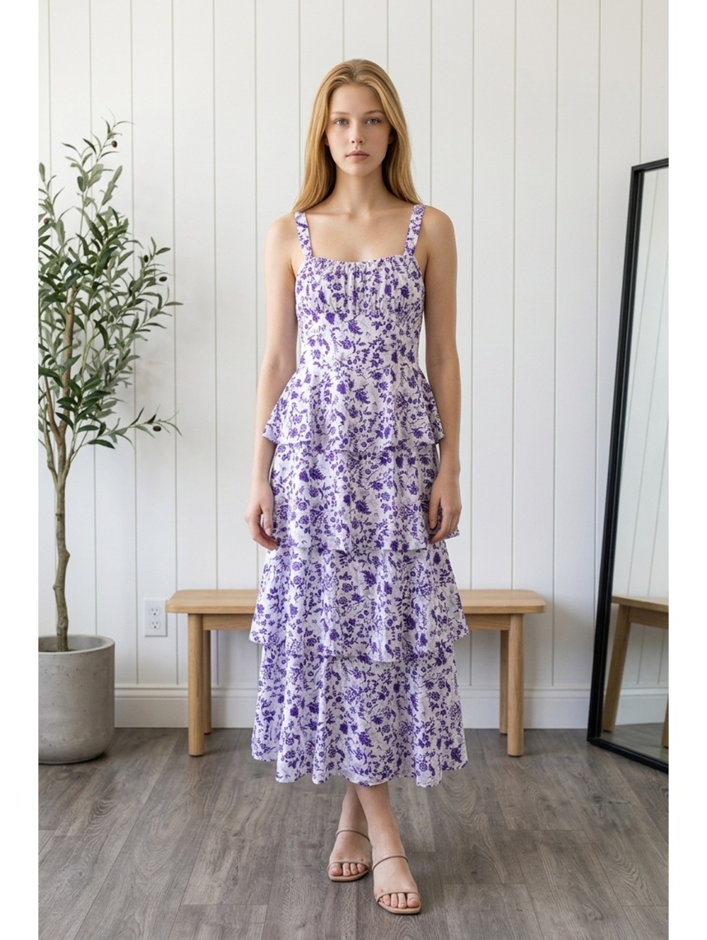 Violet Floral Tiered Midi Dress with Bow Back Detail